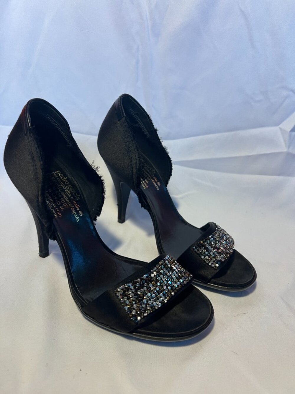 Pedro García Crystal-Embellished Raw-Edge Satin Open-Toe Sandal Heels Main